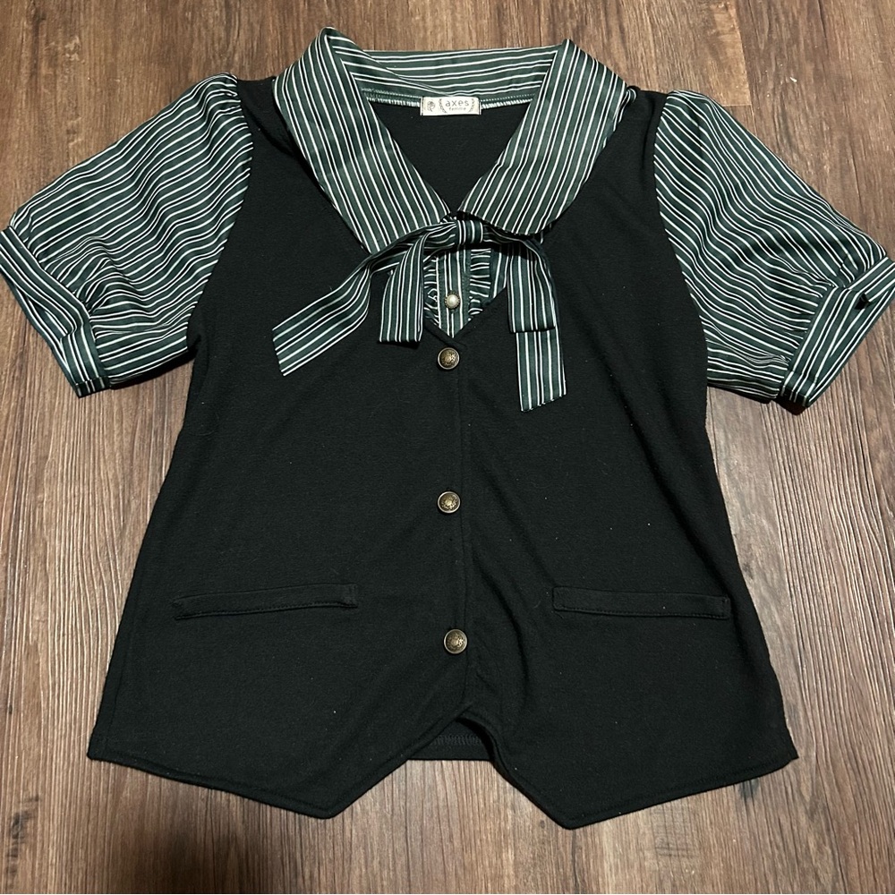 BOGO axes femme pinstripe top with faux vest and ribbon